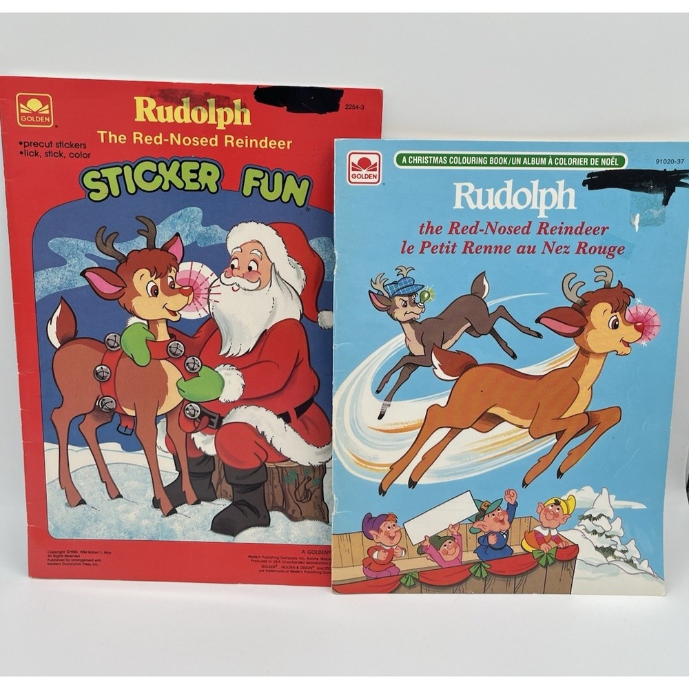 Vintage Rudolph Red Nosed Reindeer Golden Coloring & Sticker Books Lot of 2